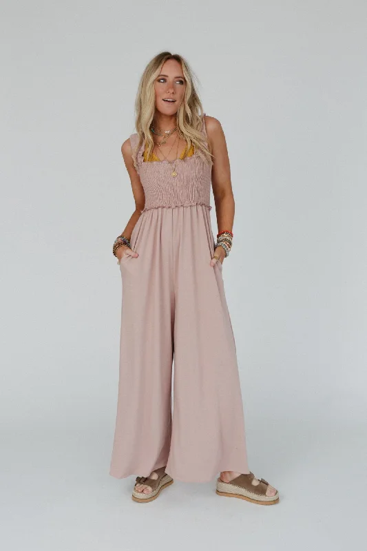 Editorial Design The Nest Nothing Compares Smocked Ruffle Jumpsuit - Dusty Rose