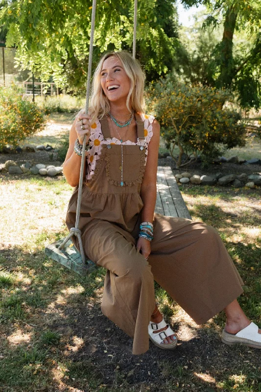 Breathable Comfort On A Whim Lace Detail Overalls - Mocha