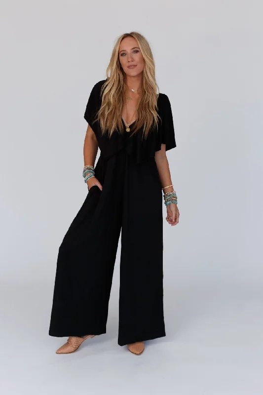 Celebrity Picks The Nest On Repeat Open Back Ruffle Jumpsuit - Black
