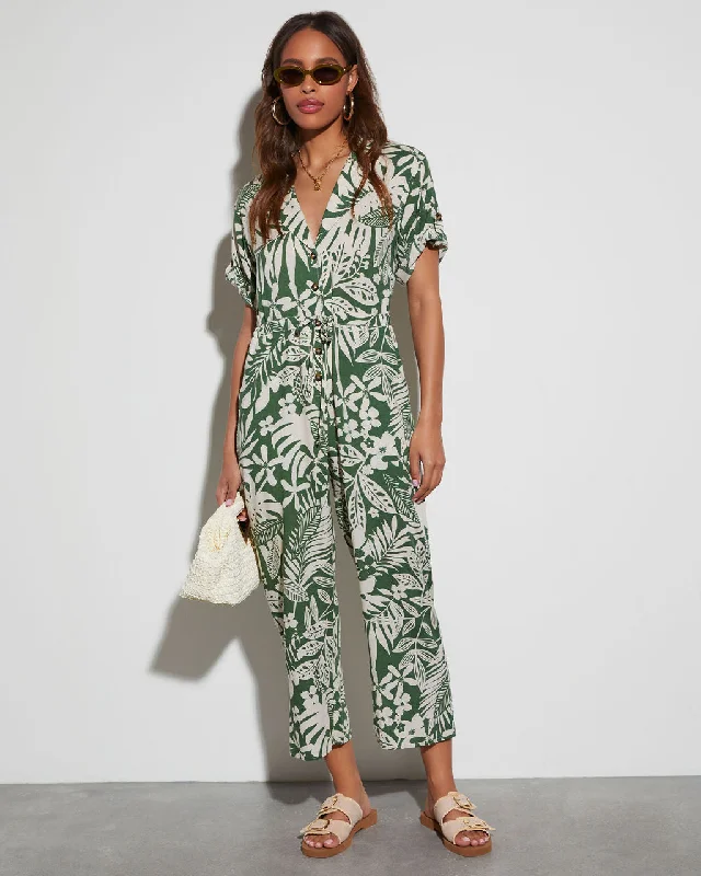 Classic Retro Palm Breeze Tropical Print Jumpsuit