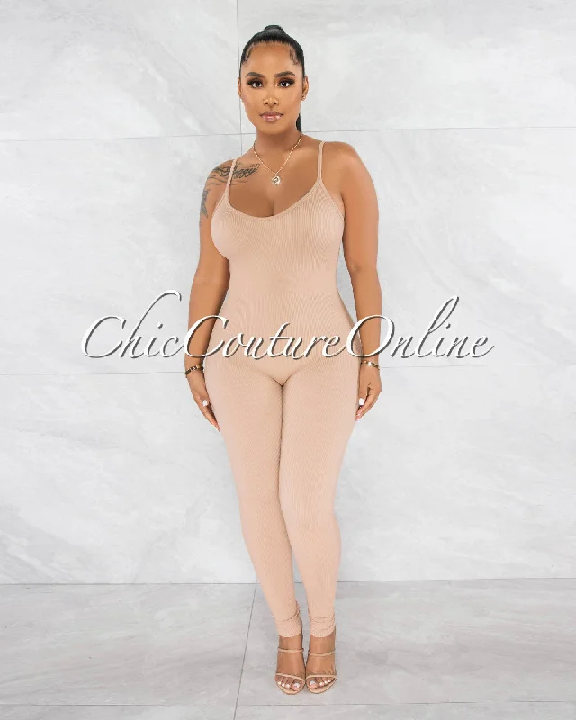 Casual Comfort Petal Nude Ribbed BodyCon Jumpsuit