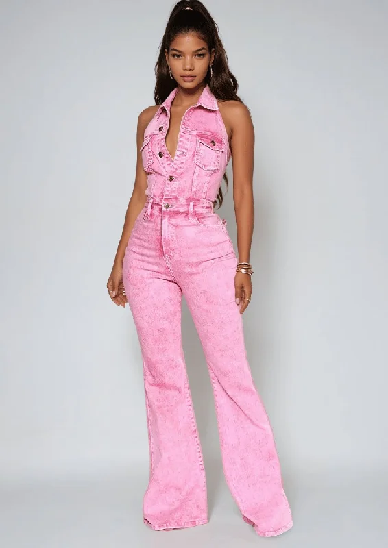 Relaxed And Casual Pink Denim Jumpsuit