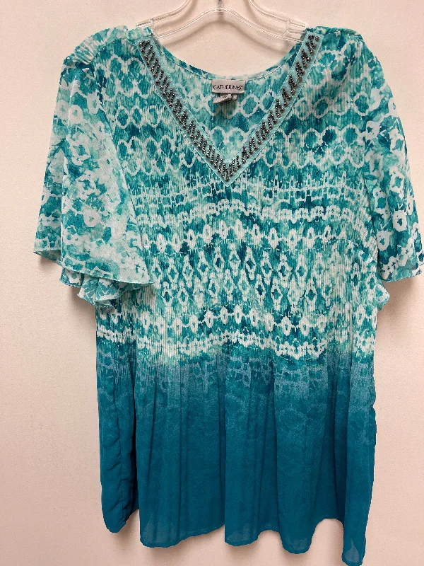 Soft Fabric Looks Blue & White Top Short Sleeve Catherines, Size 1x