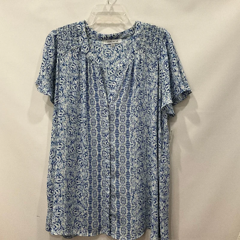 Relaxed Tops Blue & White Top Short Sleeve Rose And Olive, Size 2x
