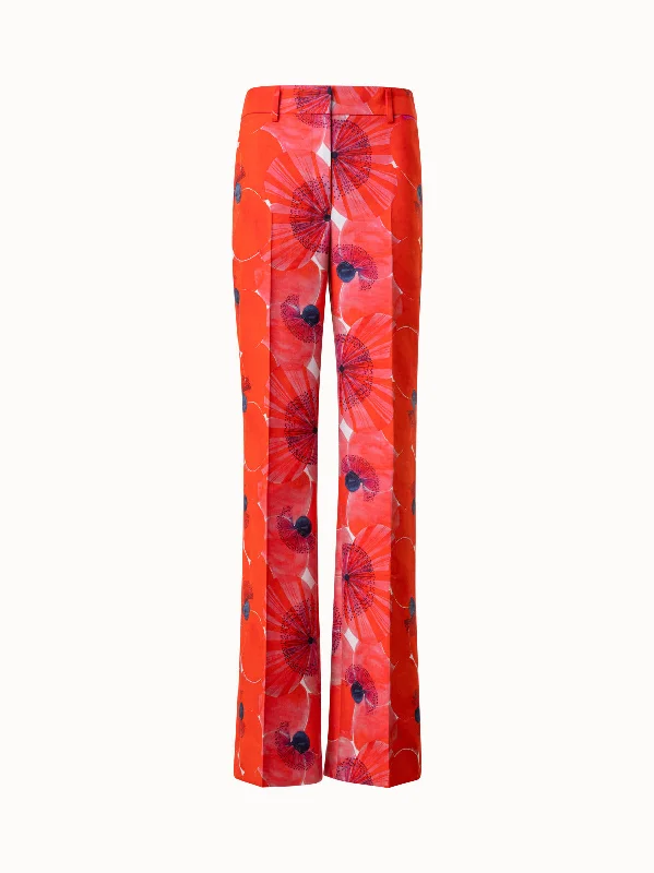 New Products Cotton Silk Double-Face Wide Leg Pants with Poppy Print