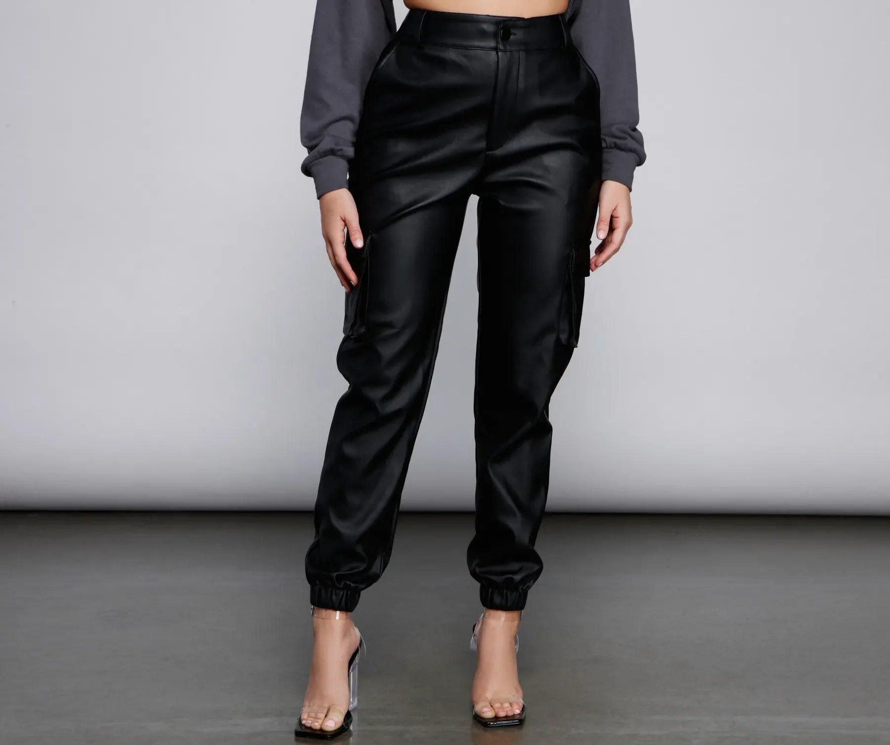 Versatile Comfort Wear High Waist Faux Leather Cargo Pants