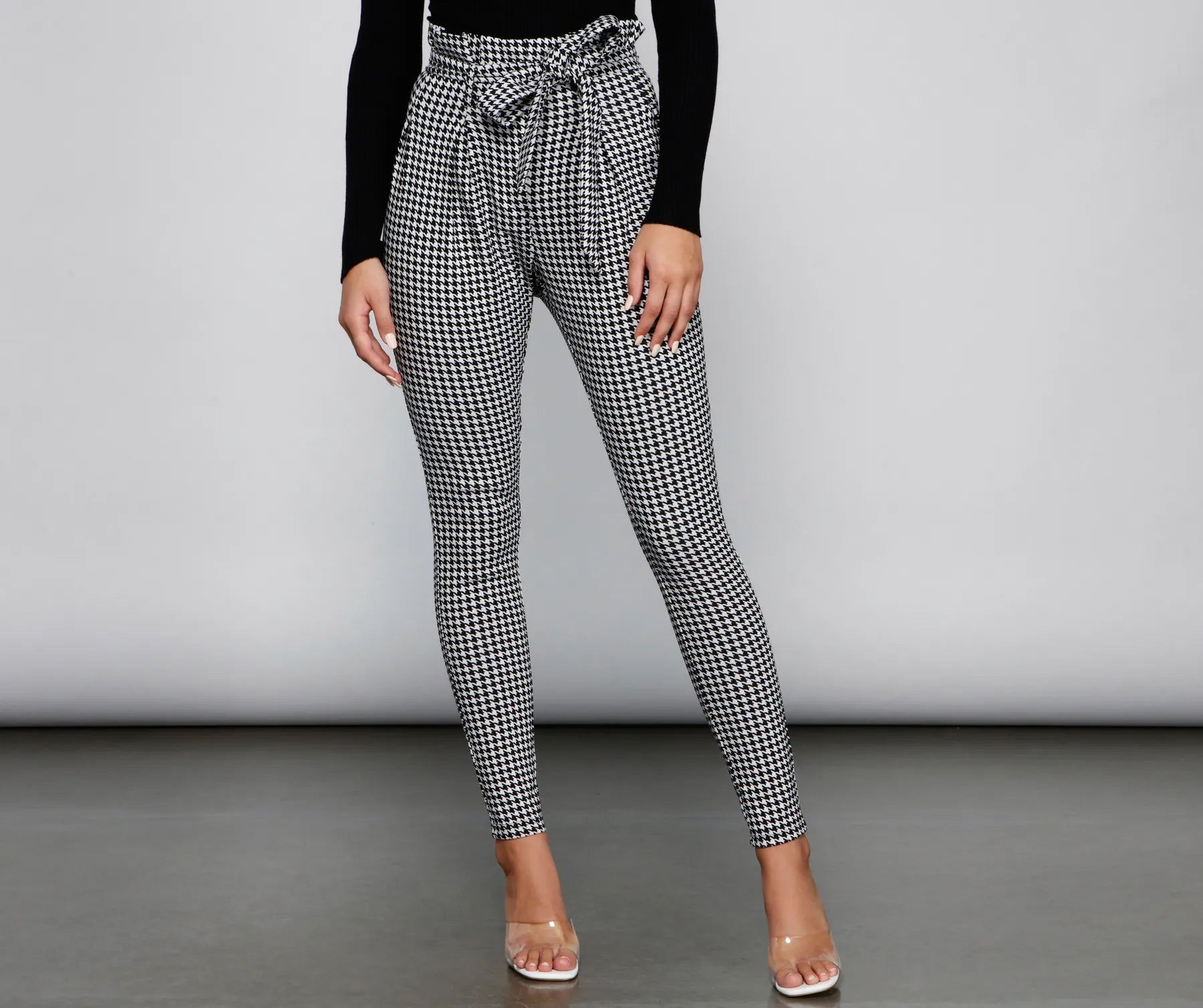 Simple Comfort Houndstooth Paper Bag Skinny Pants