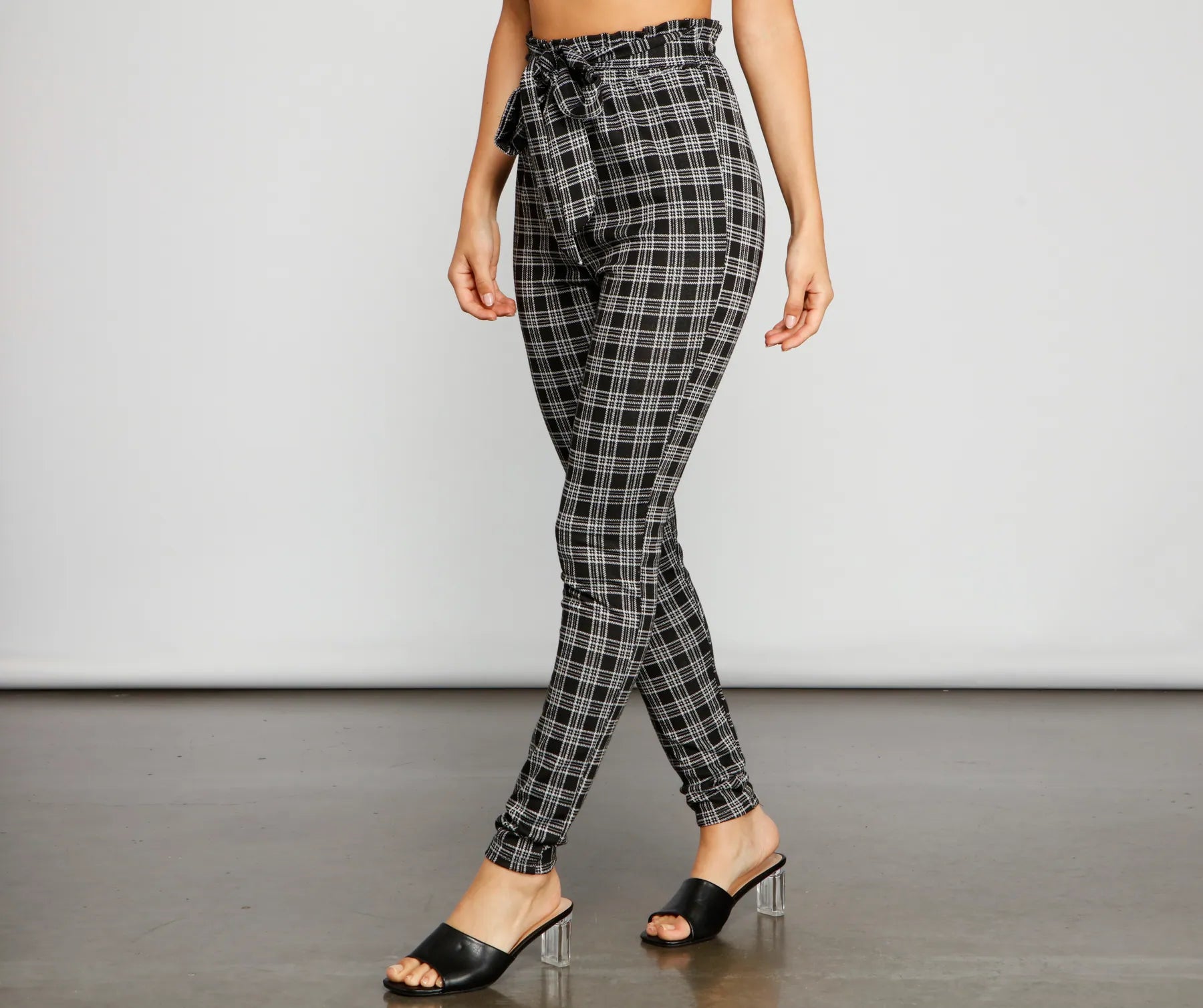 Slightly Flared Design Major Style Plaid Paperbag Pants