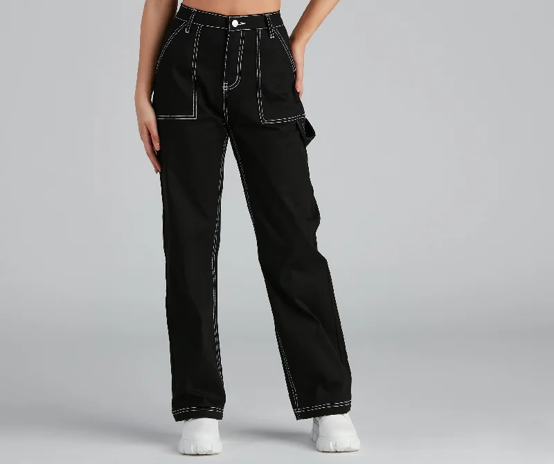 Sports Style Off Duty Carpenter Wide-Leg Denim Pants
