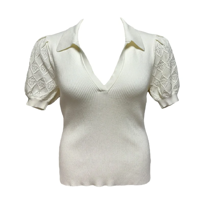 Cool Style Pointelle Puff Sleeve Polo Top Designer By Milly In White, Size: L