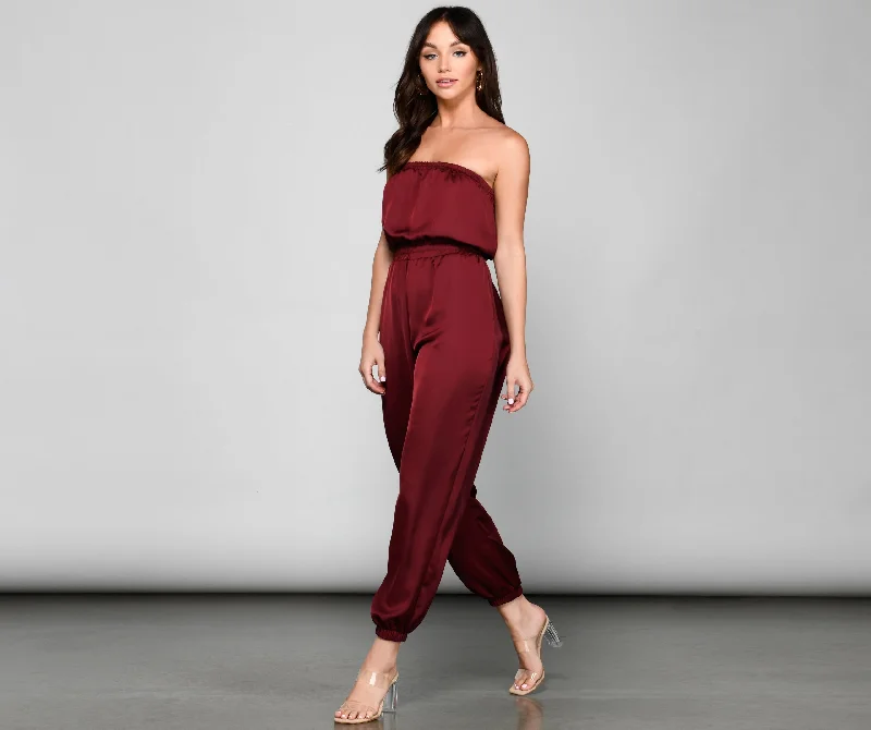 Celebrity Style Sleek Strapless Satin Jumpsuit
