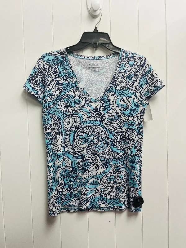 Effortless Elegance Top Short Sleeve Designer By Lilly Pulitzer In Blue & White, Size: S
