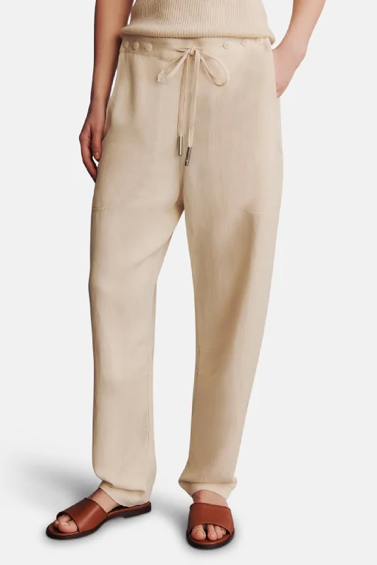 Exquisite Embroidery Jetties Beach Pant In Coated Viscose Linen Bone