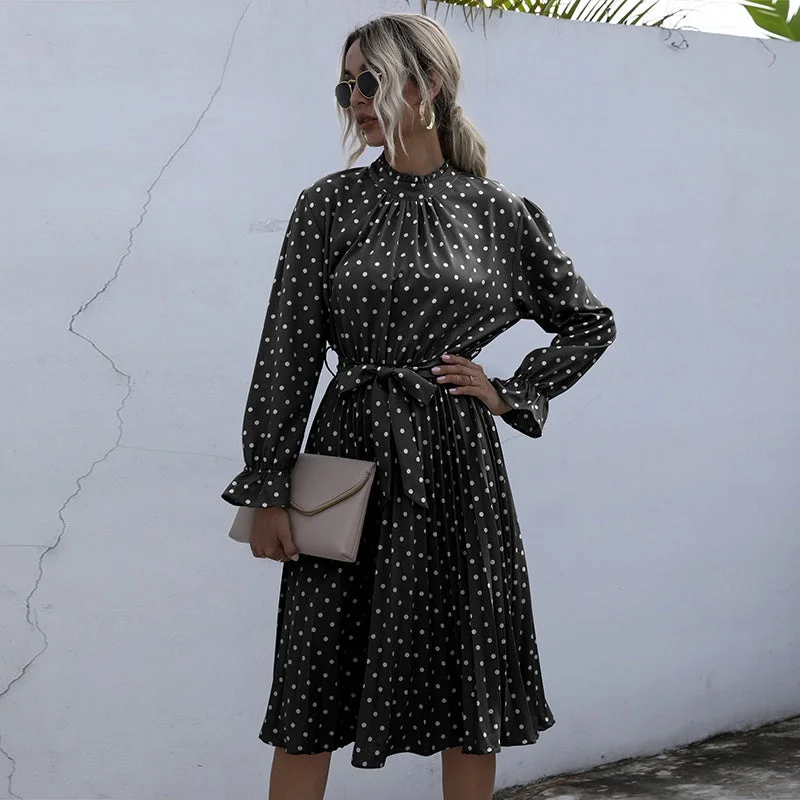 Noble Temperament KittenAlarm - Dot Printed High Waist Spring Autumn Dress Women Long Sleeve A-line Pleated Dress Plus Size