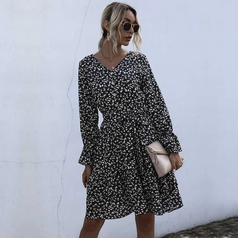 Relaxed Weekend Wear KittenAlarm - Long Sleeve Floral Chiffon Dress High Waist Black Pleated Dress Spring Autumn Fashion Dress