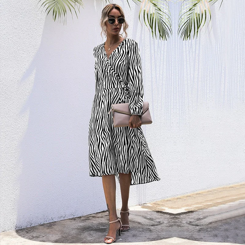 Customized Version KittenAlarm - V-neck Long Sleeve Spring Autumn Dress Women Striped Loose Boho Dress