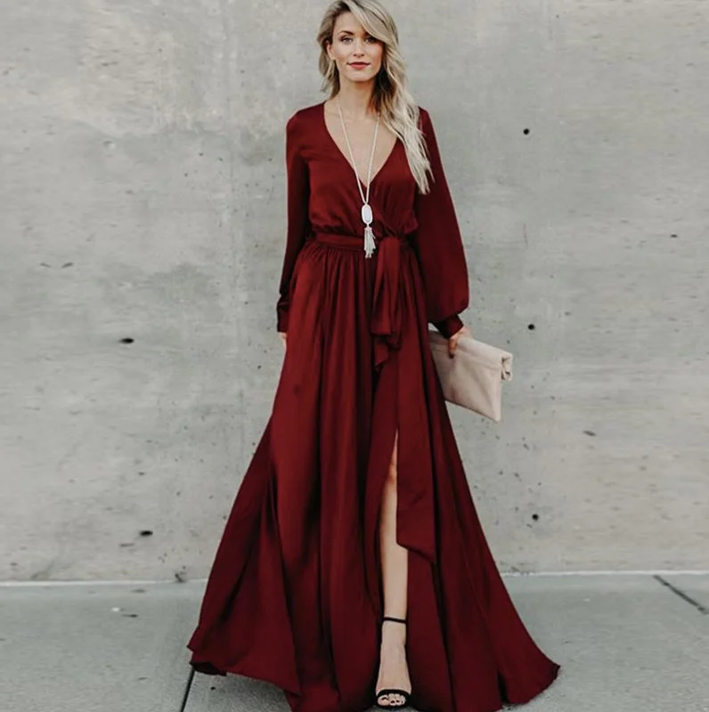 Elegant And Noble KittenAlarm - Women Casual Long Sleeve V Neck Slit hem Maxi Dress Belted Solid Color Ladies Elegant Long Dress Elegant And Noble KittenAlarm - Women Casual Long Sleeve V Neck Slit hem Maxi Dress Belted Solid Color Ladies Elegant Long Dress