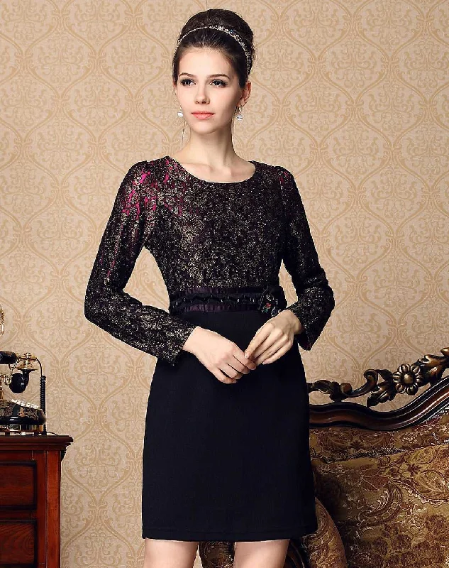 Loose Fit KittenAlarm - Fashion Women's elegant temperament dress lace stitching slim long-sleeved dress autumn Loose Fit KittenAlarm - Fashion Women's elegant temperament dress lace stitching slim long-sleeved dress autumn