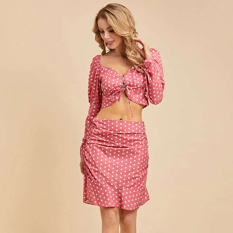 Soft Relaxation Wear KittenAlarm - Women fashion Polka dot four-way stretch dress long sleeve Crop Tee & Skirt Set
