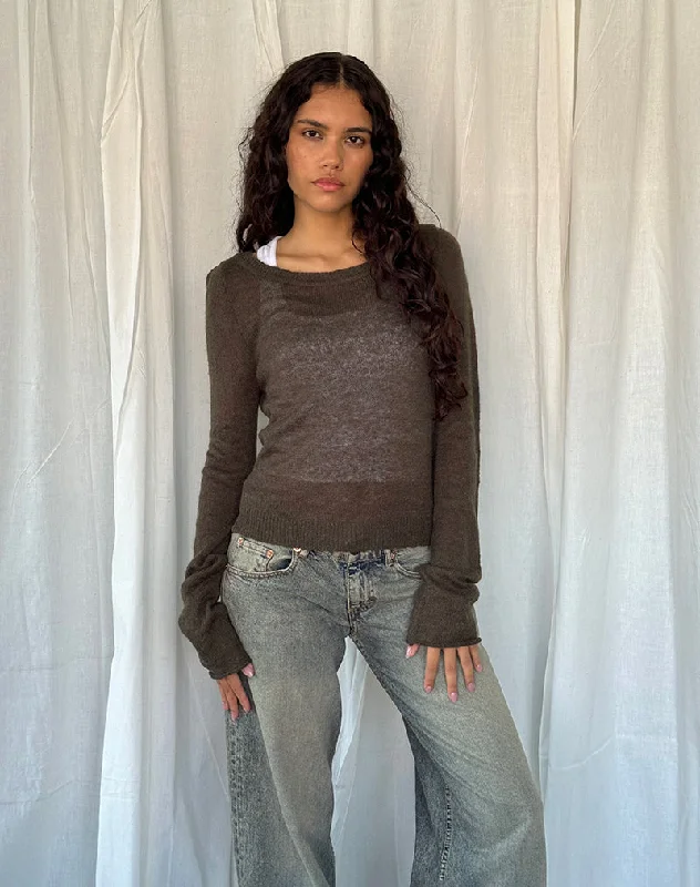 Warm Wear Addison Long Sleeve Sheer Knit Top in Dark Chocolate