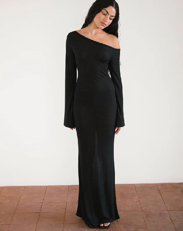 Economic Outlook Aldiana Long Sleeve Asymmetric Maxi Dress in Sheer Knit Black