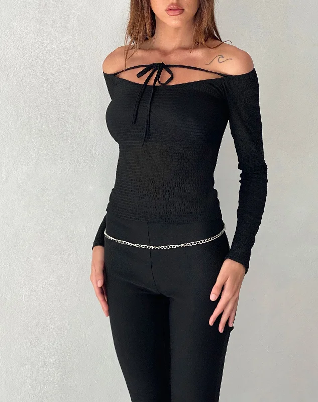 Stylish Jackets Alondra Long Sleeve Tie Front Top in Textured Black