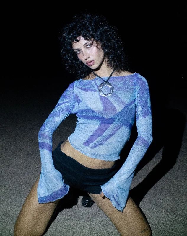 Effortless Elegance Anchi Mesh Long Sleeve Top in Blue Starfish Photoprint