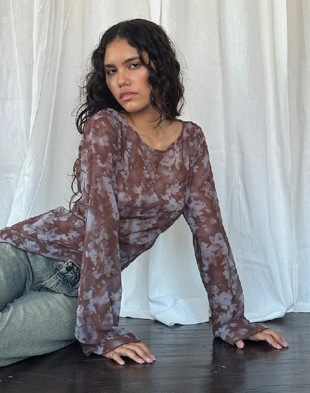 Trendy Wear Arcelia Long Sleeve Mesh Top in Botanical Shadow Brown