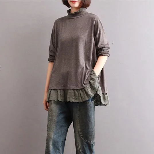 Layered Style Fall Long Sleeve Cotton T-Shirt Loose Patchwork Lace Casual Pullover