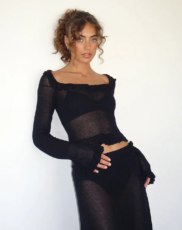 Fashionable Comfort Ayako Frill Fine Knit Top in Black
