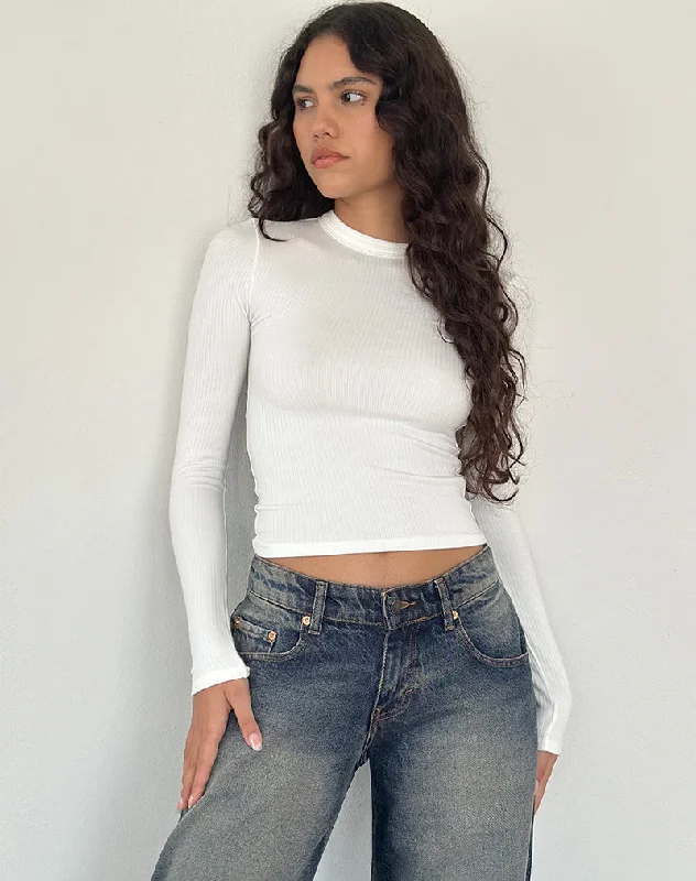 Fashion Pioneer Beech Ribbed Long Sleeve Top in Off White