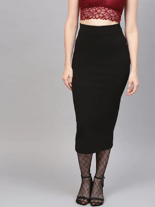 Romantic Data Black Rib Pencil Midi Skirt