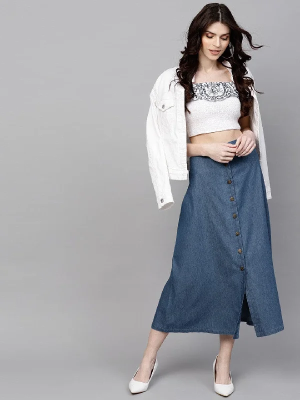 Fashion And Simplicity Blue Denim Longline Buttoned Skirt