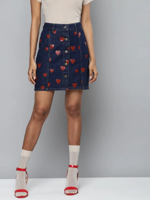 Elegant Style Blue Denim Red Heart Print Mini Skirt