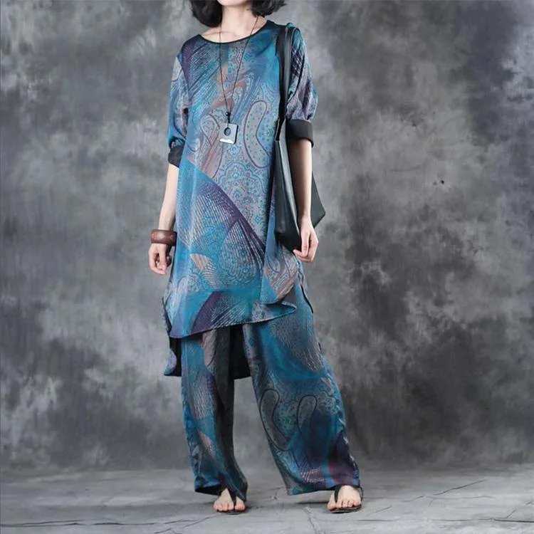 Cozy Shirts Blue Prints Vintage Chiffon Low High T Shirt And Wide Leg Pants Two Pieces