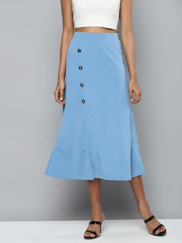 Customized Version Blue Scuba Front Slit Flared Midi Skirt
