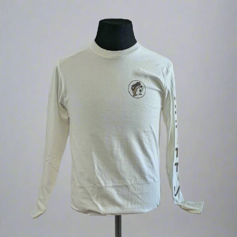 Soft Fabric Looks Buc-ee's White Long Sleeve Shirt with Sleeve Text