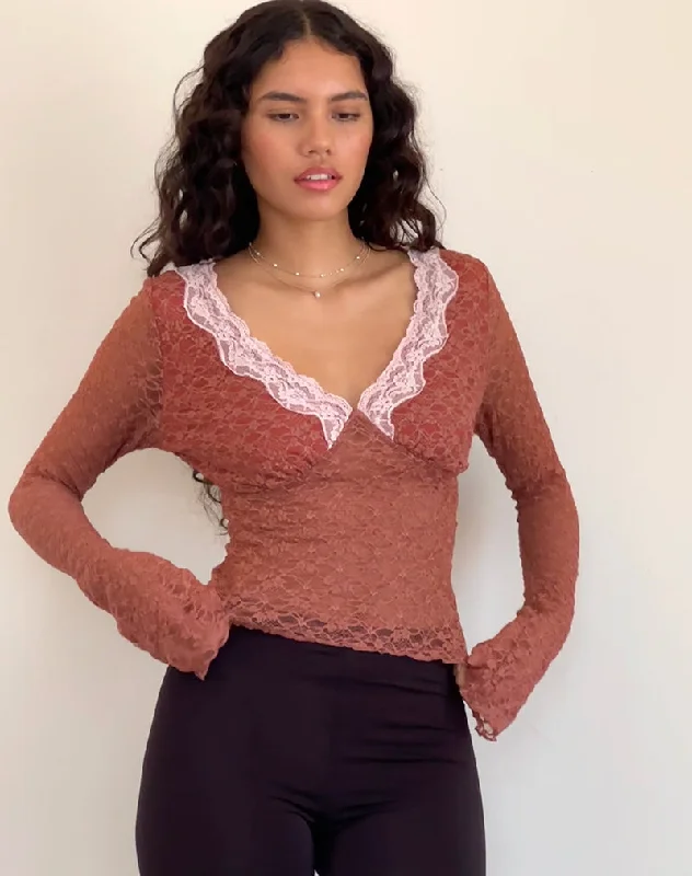 Cute Style Chantal Long Sleeve Lace Top in Withered Rose