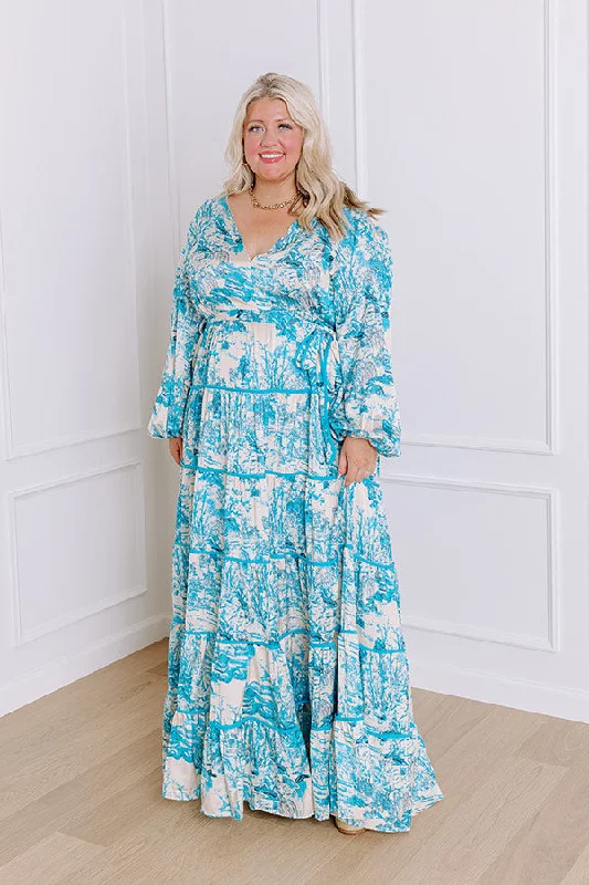 Comfort Fit Chateau Chic Tiered Maxi Dress in Sky Blue Curves