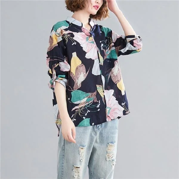 High-quality Design cotton linen autumn vintage floral korean style plus size Casual loose shirt women blouse 2020 clothes ladies tops streetwear