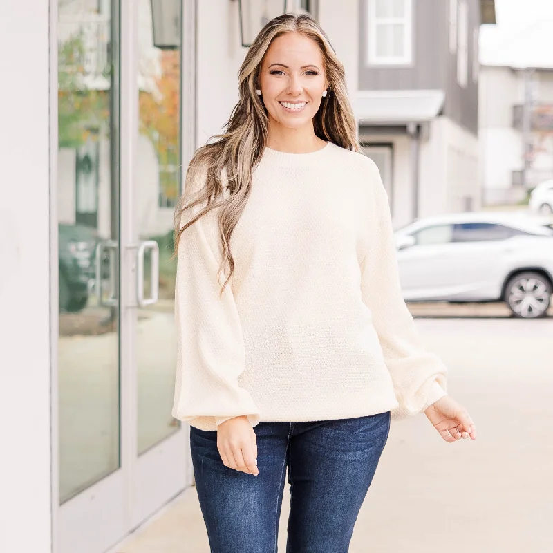 French Style Cozy Bubble Sleeve Sweater, Cream
