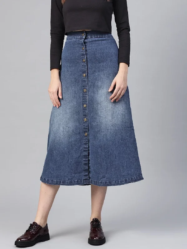 Celebrity Must-have Denim Blue Washed Long Buttoned Skirt