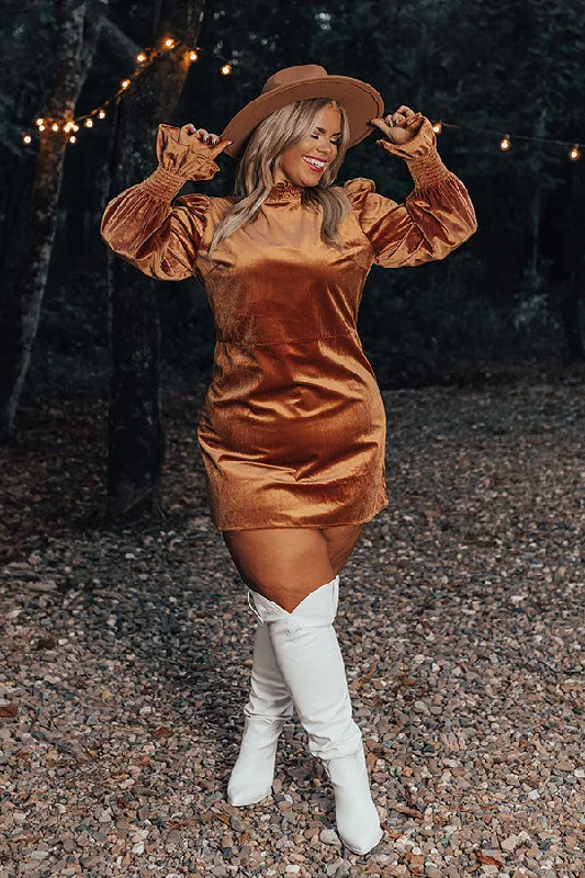 Cozy Pants Fashionably Late Velvet Mini Dress In Camel Curves