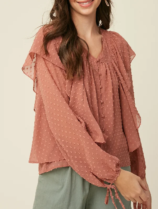 Fresh And Fashionable Feeling Fancy Swiss Dot Layered Button Down Top