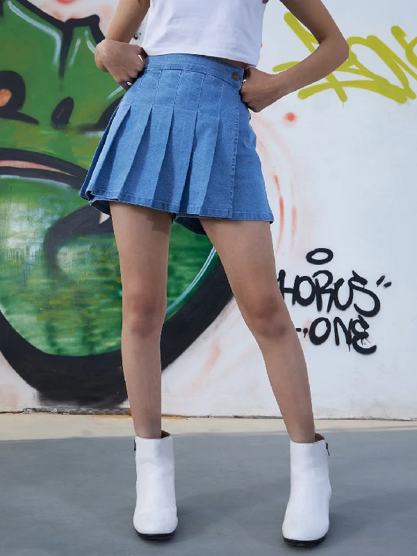 Energy Plan Girls Blue Denim Front Pleated Skorts
