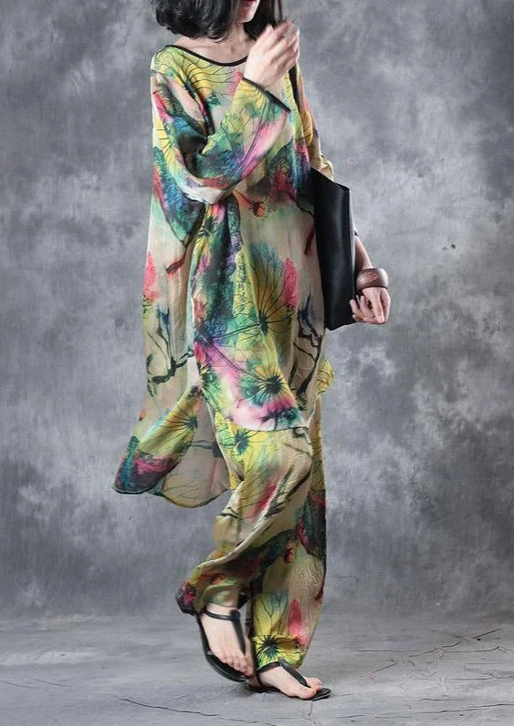 Smart Casuals Green Casual Prints Silk Tops And Vintage Loose Wide Leg Pant Two Pieces