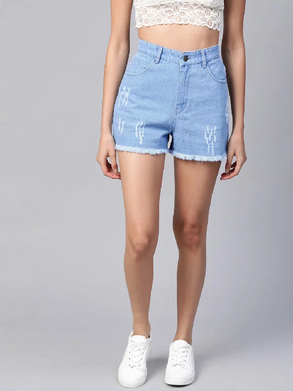Cozy Chic Trends Ice Blue Frayed Look Shorts