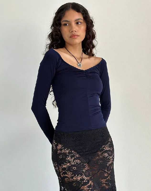 Simple And Comfortable Kaisley Ruched Front Long Sleeve Top in Navy