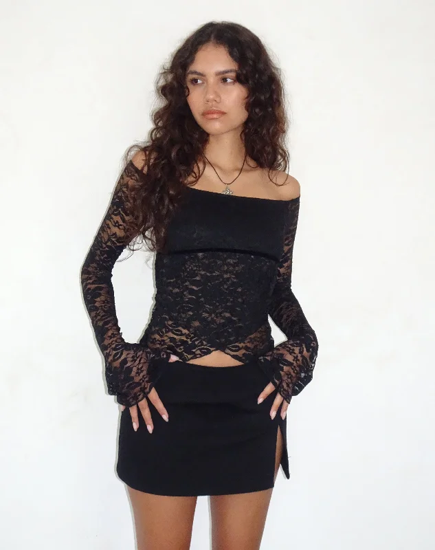 Design Perception Kawila Bardot Top in Floral Lace Jet Black