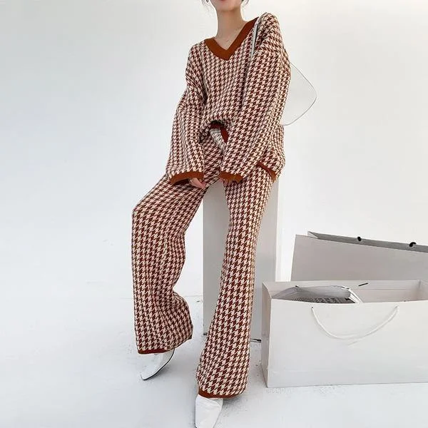 Effortless Outfits Knitting Splicing Plaid New Fashion V-neck Pullover Top Loose Casual Elastic Waist Full Length Effortless Outfits Knitting Splicing Plaid New Fashion V-neck Pullover Top Loose Casual Elastic Waist Full Length